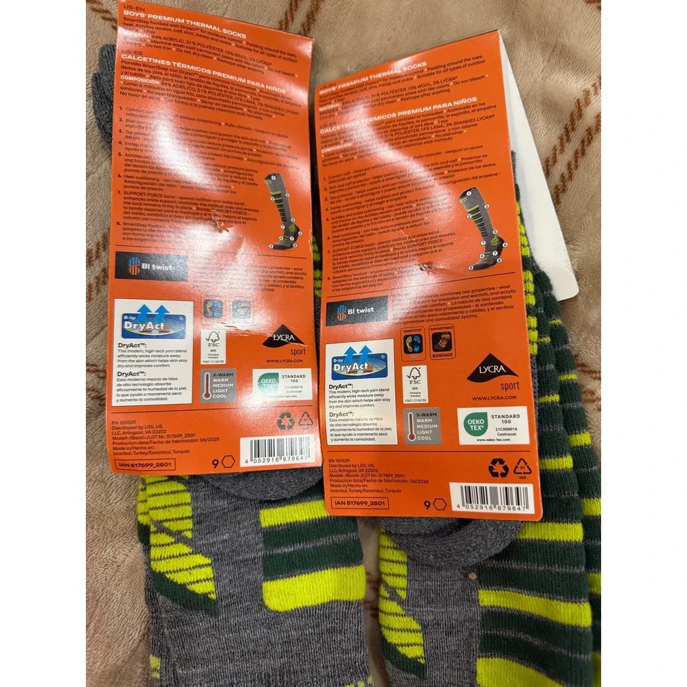 Crivit Boys Premium Thermal Socks 2 Pair Gray Neon Yellow Kids Size 5Y-6 517699
